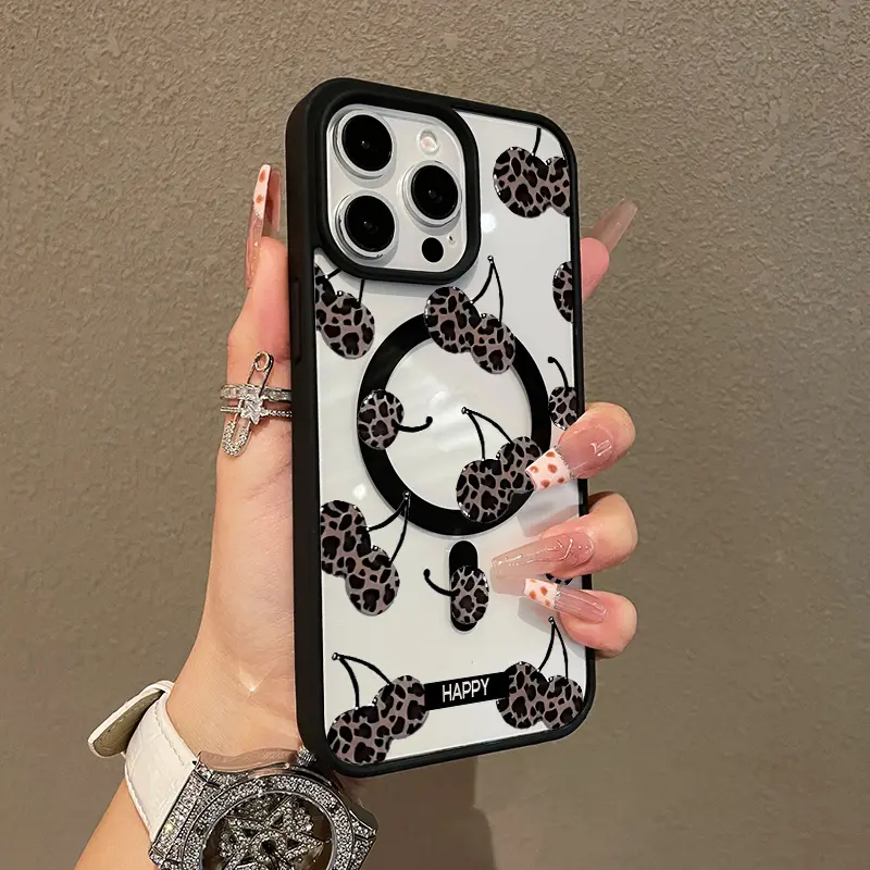 Adorable Magnetic Case for iPhone11/12/13/14/15/16/promax Leopard Cherry Pattern MagSafe Compatible, Lightweight, Anti-Fall | Girly & Chic Style