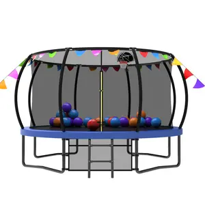 Grovebloom 12FT Recreational Kids Trampoline with Safety Enclosure Net & Ladder, and flag parts, Outdoor Recreational Trampolines