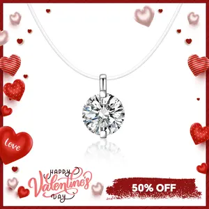 Delzzad 1-2ct Solitaire Two Prong Fishing Line Pendant Choker Necklace Clear Chain D Color Synthetic Moissanite S925 Bling Necklace Chain Birthday Anniversary Wedding Gift