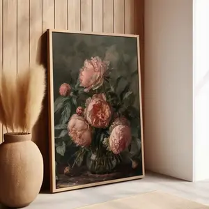 Vintage Pink Peonies Painting Dark Floral Art Print, Floral Cottagecore Decor, Vintage Wall Art, Canvas or Poster , Farmhouse Frameless Poster U Decoration Satin