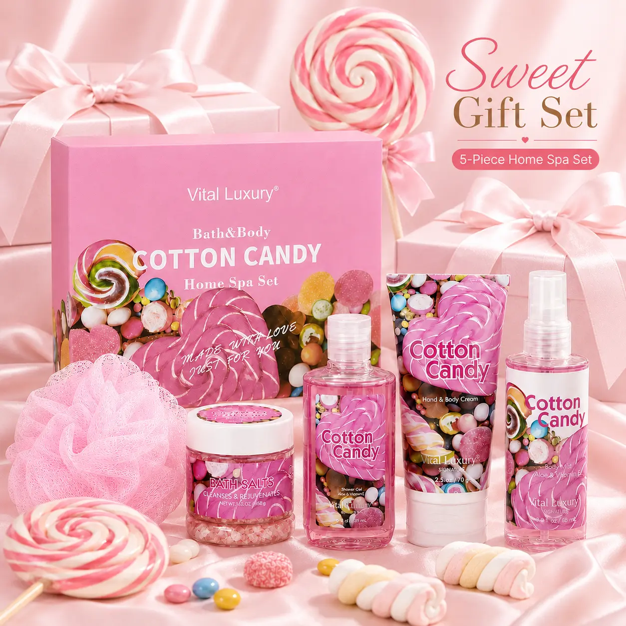 [5-Piece] Cotton Candy Bath & Body Spa Gift Set for Women by Vital Luxury – Includes Body Mist, Shower Gel, Hand Cream, Bath Salts & Pink Loofah, Hydrating Care Kit with Aloe & Vitamin E, Perfect Birthday, Holiday & Self-Care Gift
