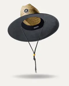 Lifeguard Straw Hat in Solid Black with Adjustable Drawstring