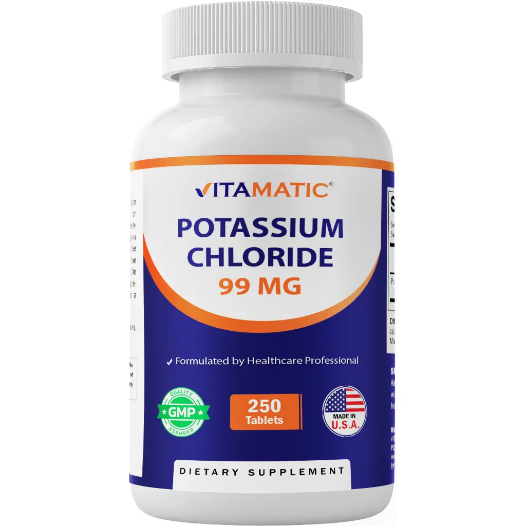 Vitamatic Potassium Chloride Dietary Supplement Pills - 99mg Potassium Supplement Pill, 250 Tablets, Non-GMO, Gluten-Free, Made in USA, Mineral Support for Heart Health, Electrolyte Balance