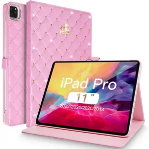for iPad Pro 11 inch Case, Cute Crown Bling  PU Leather  Auto Sleep/Wake Stand Shockproof Cover for iPad Pro 11 Inch (Pink)