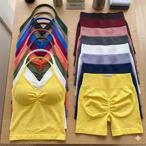 Sport Braspacks 2Pcs Gym Set Women Backless Tank Tops High Waist Scrunch Seamless Shorts Fitness Clothes Activewear Workout Sets Summer Sportswear..