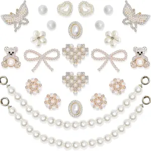 Momolove 24 Pcs Shoe Charms Chain Accessories for Women Pearl Flower Clog Shoe Decoration Charms Rhinestone Shoes Charms Bling Cute Decor for Party Birthday Footwear Shiny