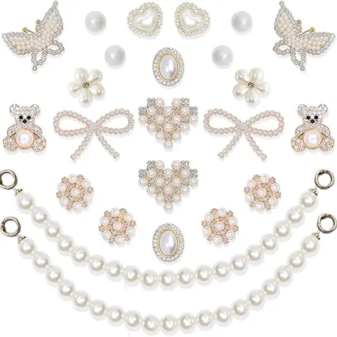 Women's 24 Pcs Chic Cute Alloy Shoe Charms Chain - Shiny Plastic Round Pearl Flower, Golden Rhinestone Bling Decorative Shoe Accessories for Clogs, Party Footwear, Birthday Gifting