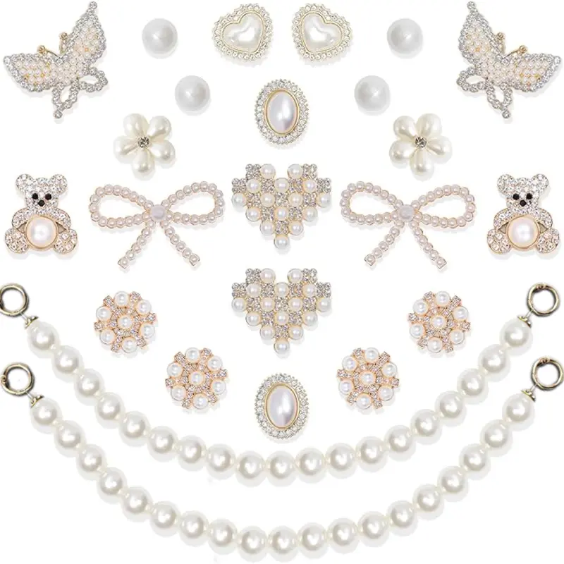 Women's 24 Pcs Chic Cute Alloy Shoe Charms Chain - Shiny Plastic Round Pearl Flower, Golden Rhinestone Bling Decorative Shoe Accessories for Clogs, Party Footwear, Birthday Gifting