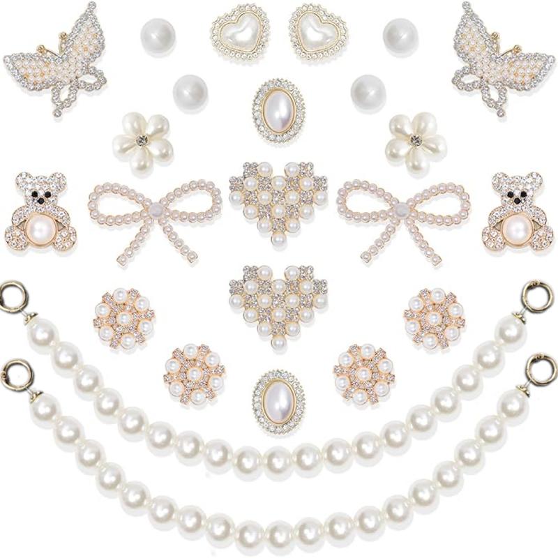 24 Pcs Shoe Charms Chain Accessories for Women Pearl Flower Clog Shoe Decoration Charms Rhinestone Shoes Charms Bling Cute Decor for Party Birthday Footwear Shiny