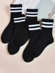 5 Pairs Unisex Mid-Calf Socks, Soft Breathable Knit Casual Sports Business Work Socks, All Seasons Fitted Striped Design