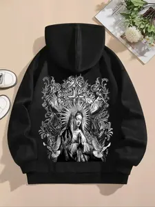 Women's Virgin Mary Print Drop Shoulder Drawstring Hoodie, Fashion Casual Pocket Hooded Sweatshirt for Daily Holiday Outdoor Wear, Women Clothing for Fall & Winter