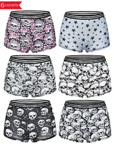 Morvia 6pcs Women Gothic Halloween Skulls Print Contrast Binding Boyshorts, Comfy & Sofy & Elastice Waist Intimates Panties, Women's Lingeries & Underwear, Soft Underwear