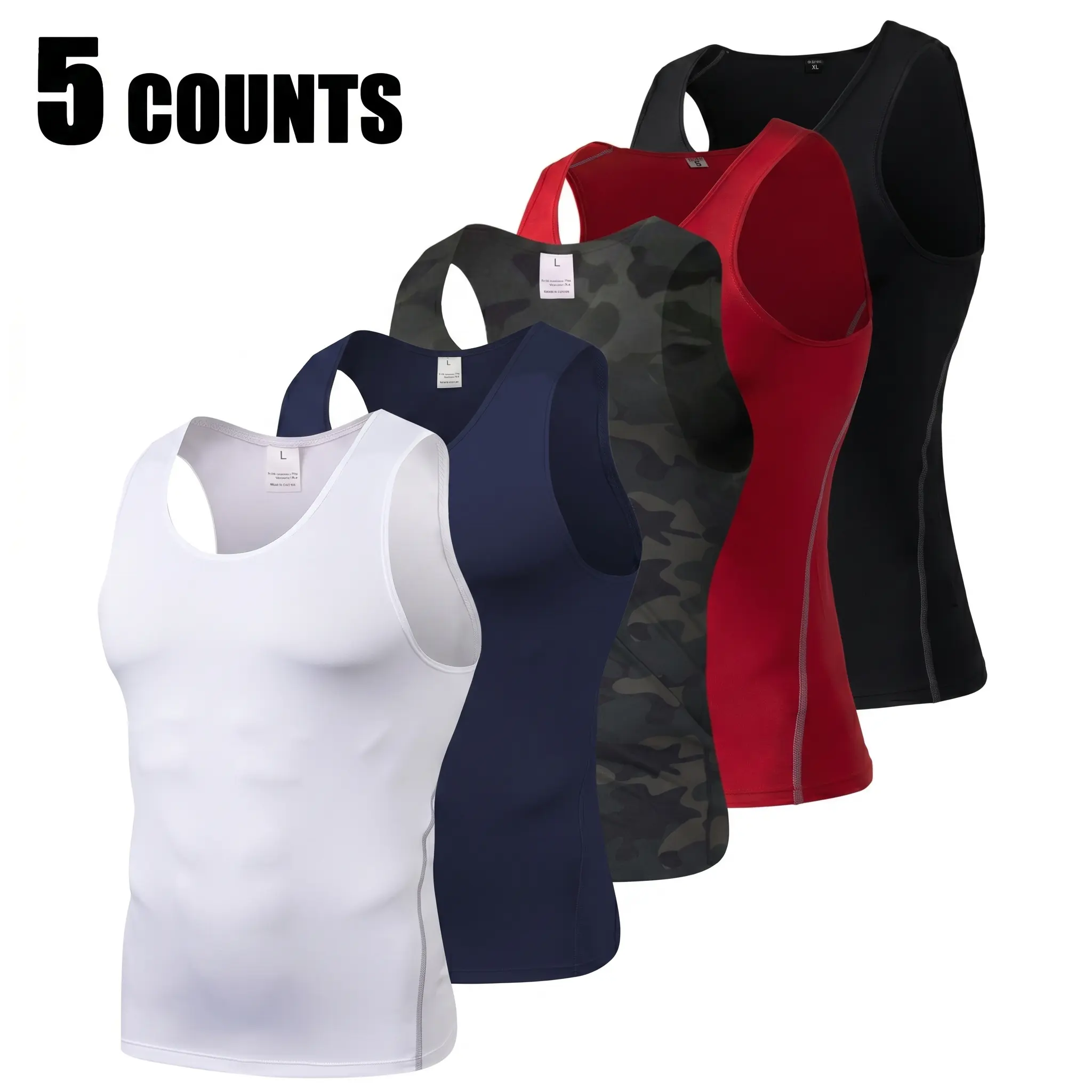 LANBAOSI Men's 5-Pack Fitted Compression Shirts, Sleeveless Sweat-Wicking & Quick-Dry Sports Vest with 4-Way Stretch for Gym, Running & Cross-Training, Sweat Wicking Vest