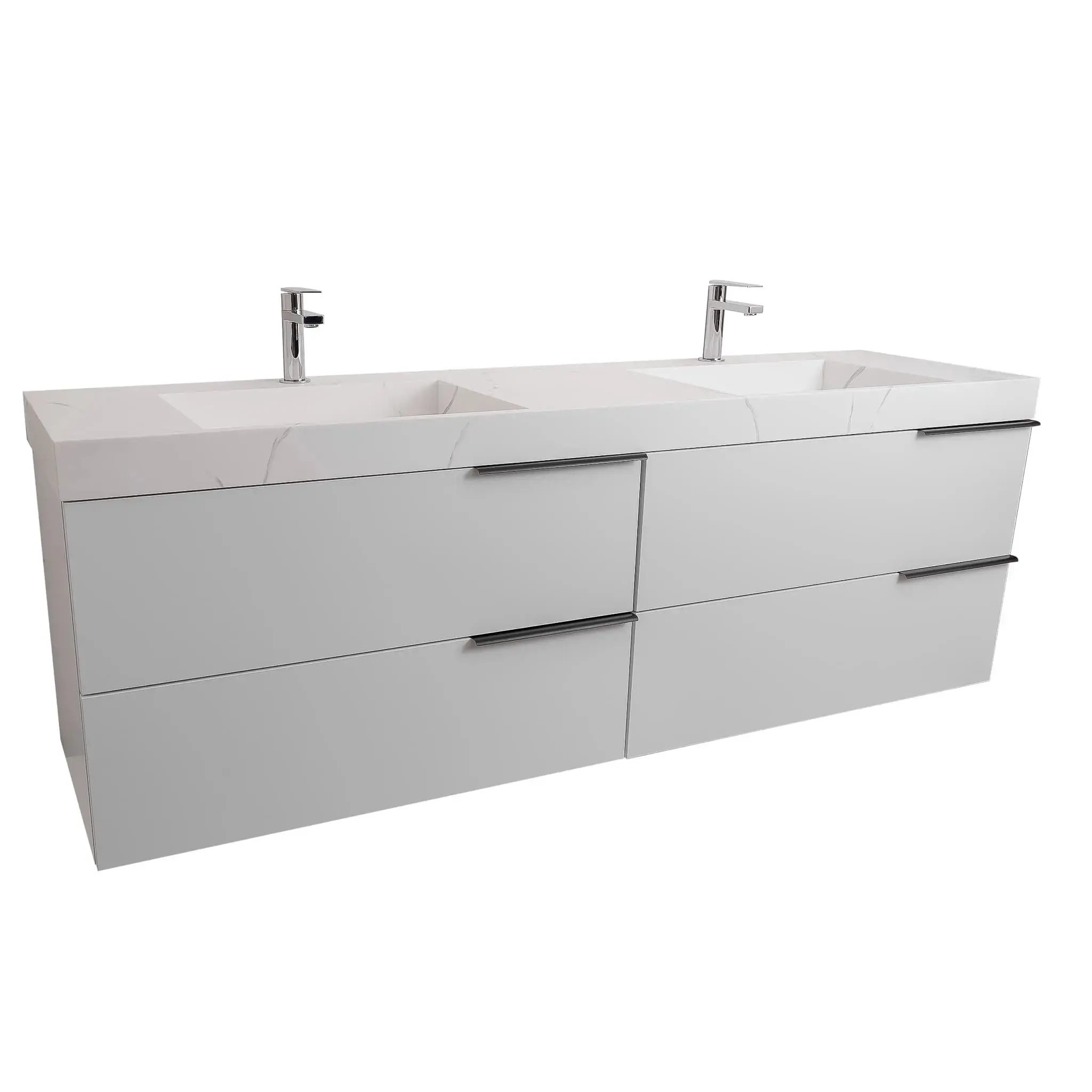 Mallorca 63 Matte White Cabinet, Solid Surface Matte White Top Carrara Infinity Double Sink, Wall Mounted Modern Vanity Set Drawer Chest