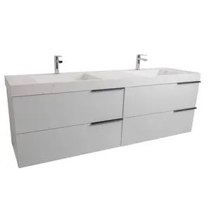 Mallorca 63 Matte White Cabinet, Solid Surface Matte White Top Carrara Infinity Double Sink, Wall Mounted Modern Vanity Set Drawer Chest