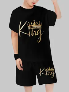 King Crown Printed Fitted Short Sleeve T-Shirt + Matching Shorts Set, Casual Sportswear Two-Piece Set, Spring & Fall Fashion