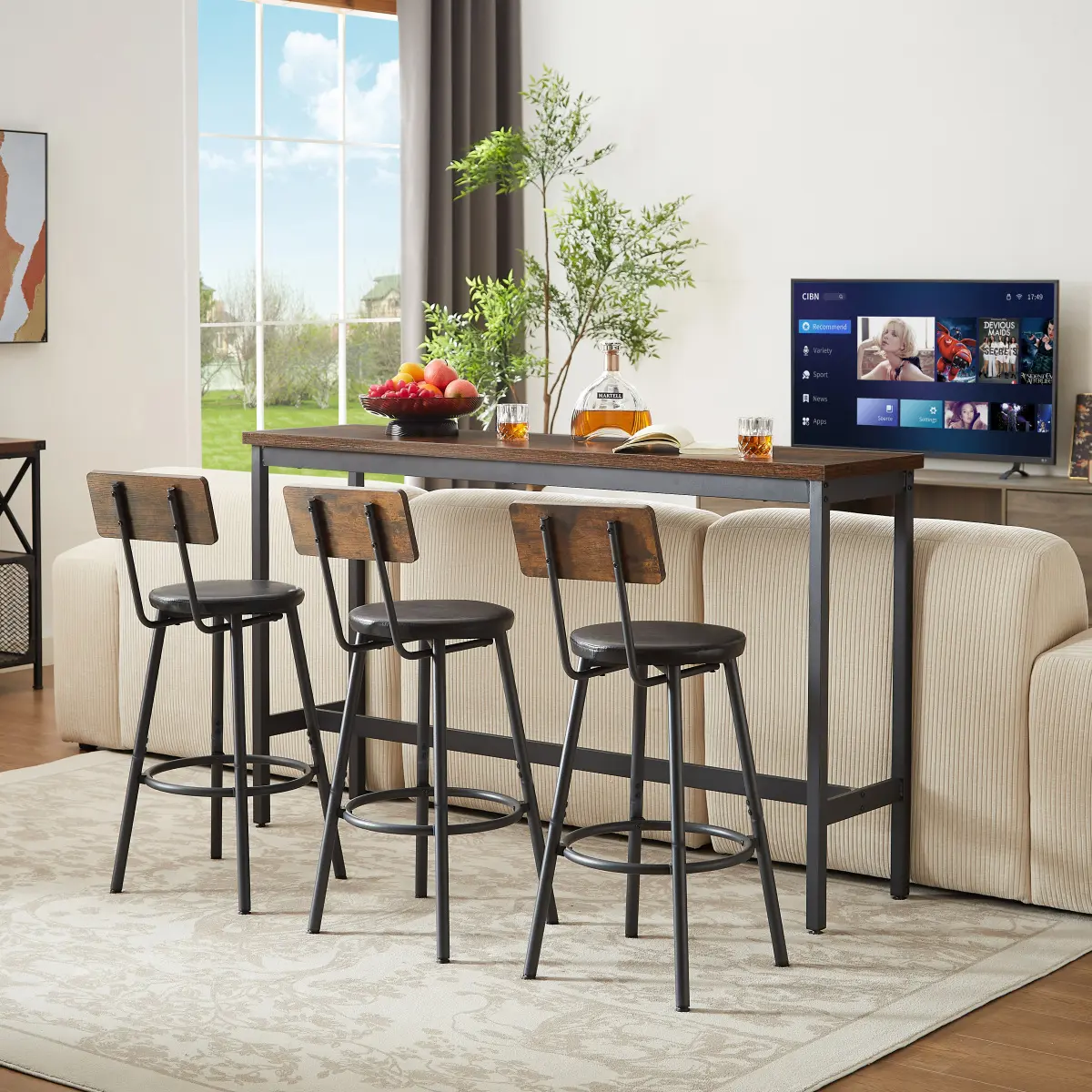 Bar Table and Chairs Set for 3, 63" L Rectangle Sofa Table with 3 PU Upholstered Stools, 4 Piece Industrial Counter Height Dining Table Set for Living Room Kitchen Restaurant, Brown+Black