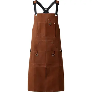 Unisex Flame Retardant Waterproof 6 Pockets Leather Tool Apron 24'' X 36'' Ideal for Outdoor Woodwork, Grilling, Kitchen
