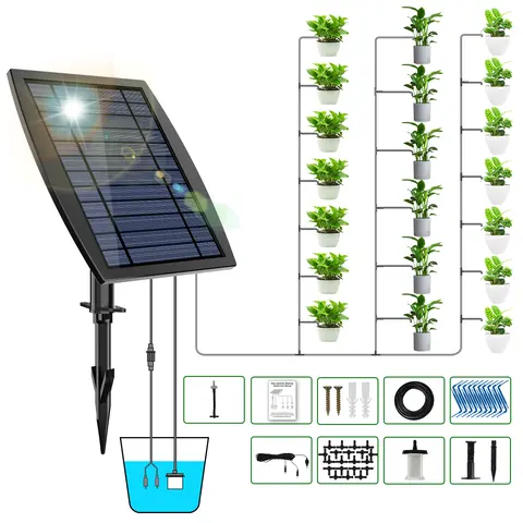 Solar Drip Irrigation Kit for Garden Supplies - Automated Watering Equipment with Drip Hose for Garden, 20-Pot Coverage, Plastic Tubing, Balcony/Shed-Compatible, Set Cycles, Vacation Mode, DIY Layout, Quick Setup to Relax Busy Plant Lovers