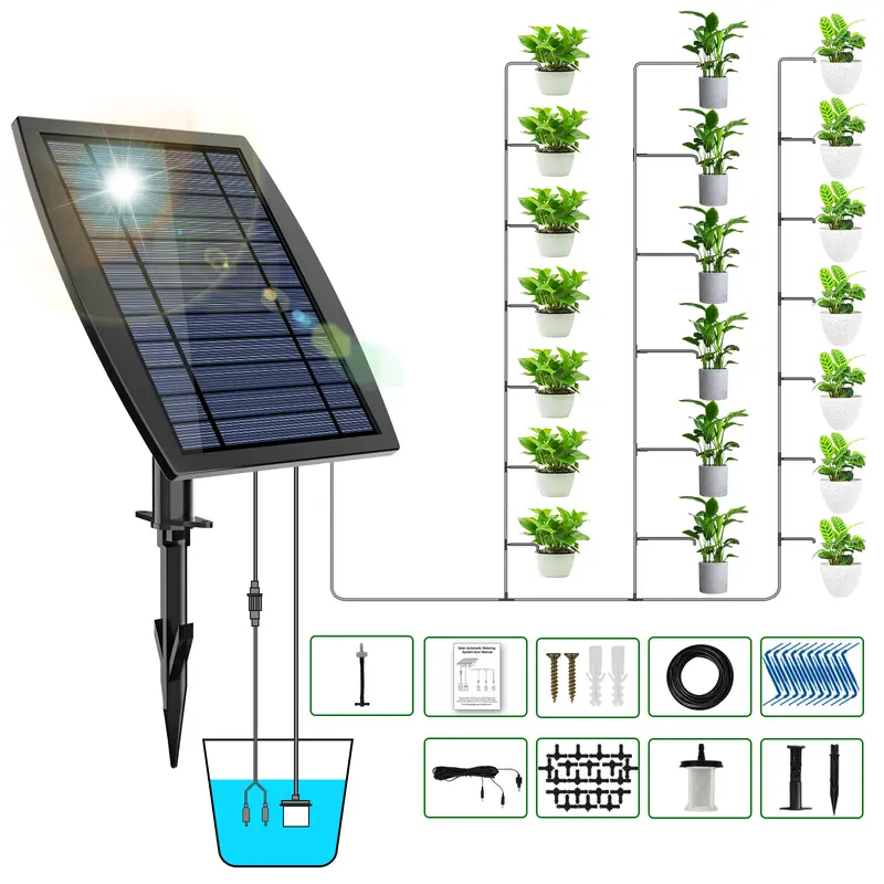 Solar Drip Irrigation Kit for Garden Supplies - Automated Watering Equipment with Drip Hose for Garden, 20-Pot Coverage, Plastic Tubing, Balcony/Shed-Compatible, Set Cycles, Vacation Mode, DIY Layout, Quick Setup to Relax Busy Plant Lovers