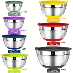 20pcs Mixing Bowls with Airtight Lids Stainless Steel Nesting Bowls Non-Slip Colorful Silicone Bottom Sizes 7 3.5 2.5 2.0 1.5 1 0.67QT for Mixing Baking Serving