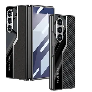 Fin Leather Plating Case For Samsung Galaxy Z Fold 7 6 5 4 Fold7 5G Shockproof Camera Protective Soft Edge Cover With Tempered Film