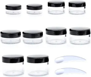 BPA-Free Plastic Travel Storage Jars Set - 10pcs Small Black Screw-Lid Containers (5 Sizes: 3/5/10/15/20g), 12pcs Labels, 2pcs Mini Disposable Spatulas for Makeup Samples