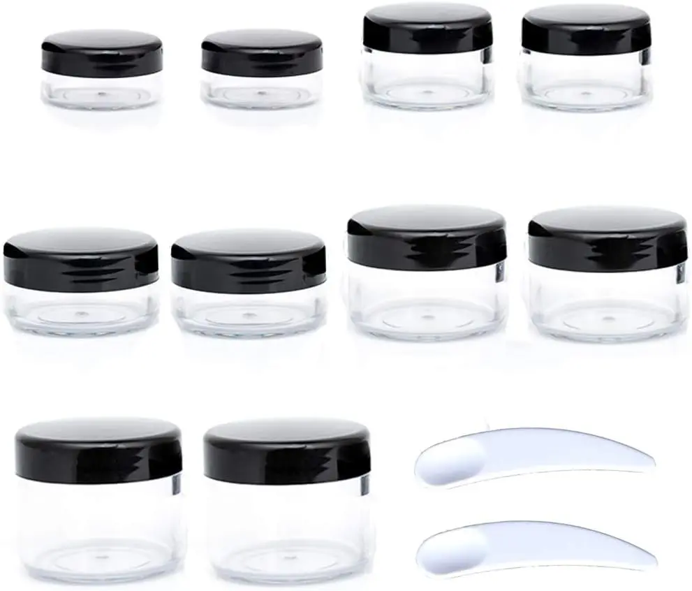 BPA-Free Plastic Travel Storage Jars Set - 10pcs Small Black Screw-Lid Containers (5 Sizes: 3/5/10/15/20g), 12pcs Labels, 2pcs Mini Disposable Spatulas for Makeup Samples