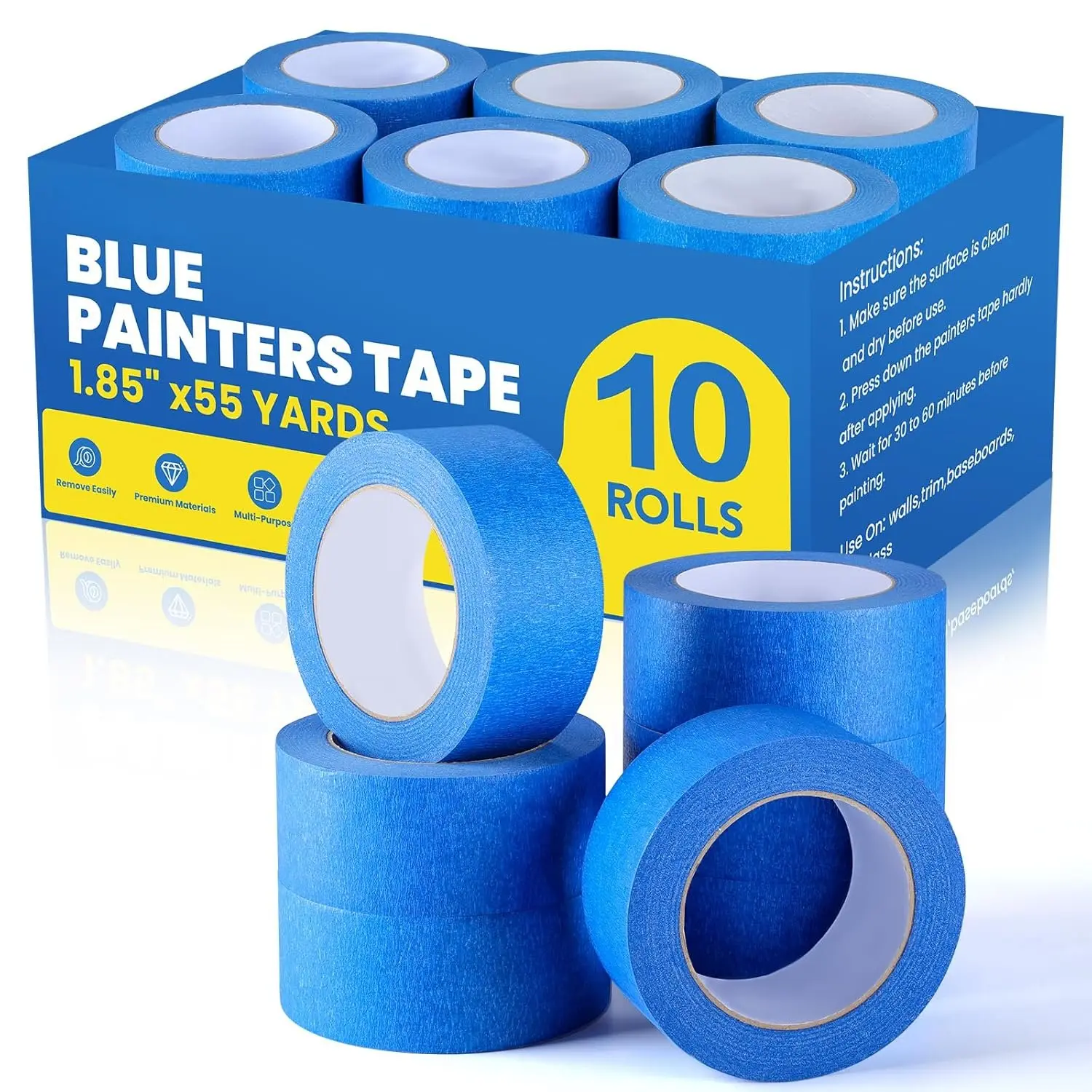 10 Rolls Painters Tape, Blue Painters Tape, 2 Inch Wide (1.85 in x 55 Yds), Masking Tape for Multi-Purpose, Masking Tape Bulk,DIY Artist Craft Arts, Decoration, Drafting, No