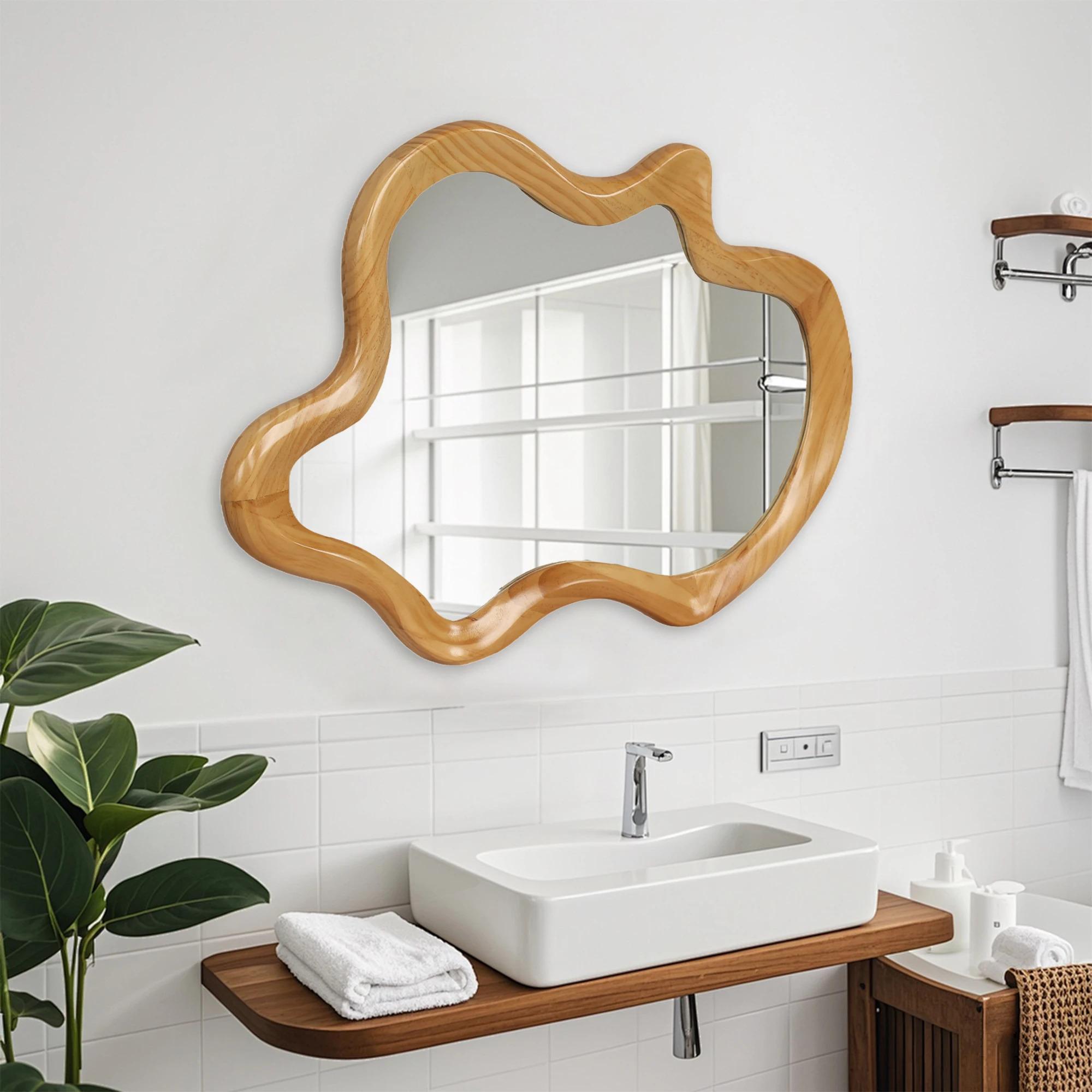 33.46"x22.24" Irregular Wall Mirror with Natural Wood Frame |   Asymmetrical Accent Mirror for Home Decor
