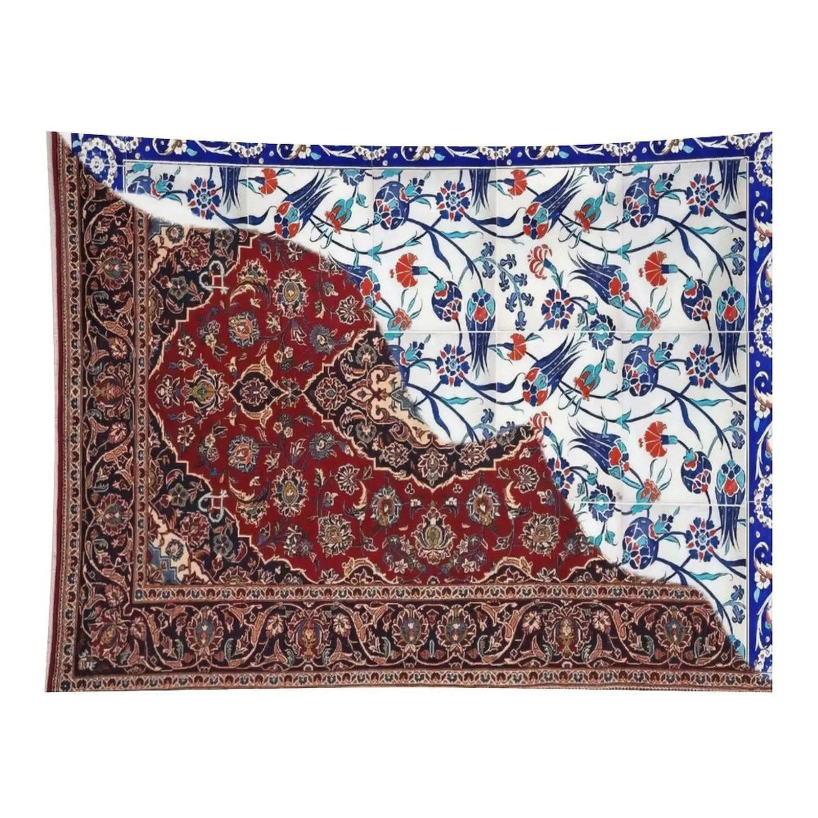 Split Design Persian Vintage Red Rug & Blue Iznik Floral Tile Wall Tapestry Wall Hanging, Antique Oriental Carpet Ceramic Flower Dual Print Decor for Boho Bedroom Dorm Alt Backdrop