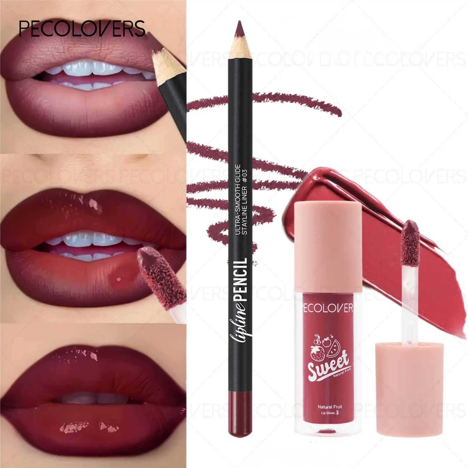 2PCS Long-lasting Matte Waterproof Lip Liner and Lip Gloss Set Liner Gloss Duo - Red & Brown Tone, Natural Moisturizing, Creamy Texture, Suitable for All Skin Types, Non-stick Cup, Creates Three-dimensional and Full Lips, Perfect Holiday Gift for Girls