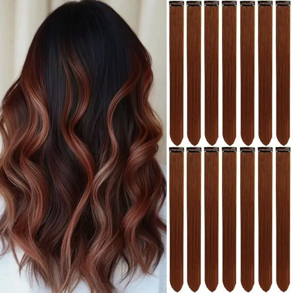 Dream Rainbow 14 PCS 22 In Clip in Hair Extensions Coffee Color Highlight Long Straight Synthetic Hairpieces for Girls Women Kids Gift 55cm Length 1.4inch Width 3.6inch Height 1.6inch Depth