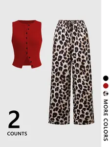 Two-Piece Set 2-Piece Women's Sleeveless Round Neck Knit Vest with Leopard Print, Slim-Fitting Crop Tops & Wide Leg Pants Set Casual Lounge Set for Casual Spring Summer