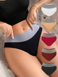 Women's Elegant Casual Comfortable Four Seasons Wear, Colorblock Patchwork Set, 5 Pieces Pack, Ladies' Innerwear, Colorblock Panties