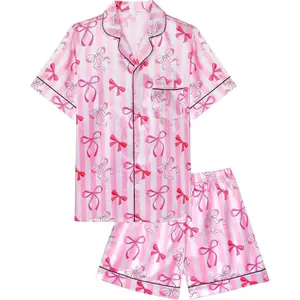 SQ-NG003 Girls Pajamas Silk PJS Set Pink Bow Satin Sleepwear Short Sleeve Jammies for Kids Button-Down Nightwear size 7-14