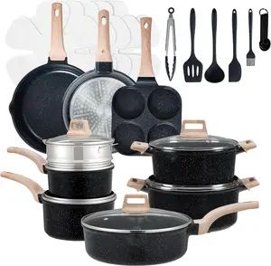 25-Piece Nonstick Cookware Set with Lids & Utensils, Induction Ready Pots and Pans Set, Cream or Black Kitchen Essentials for New Home Setup #KitchenEssentials Frying, Lightweight, Oil, Stylish