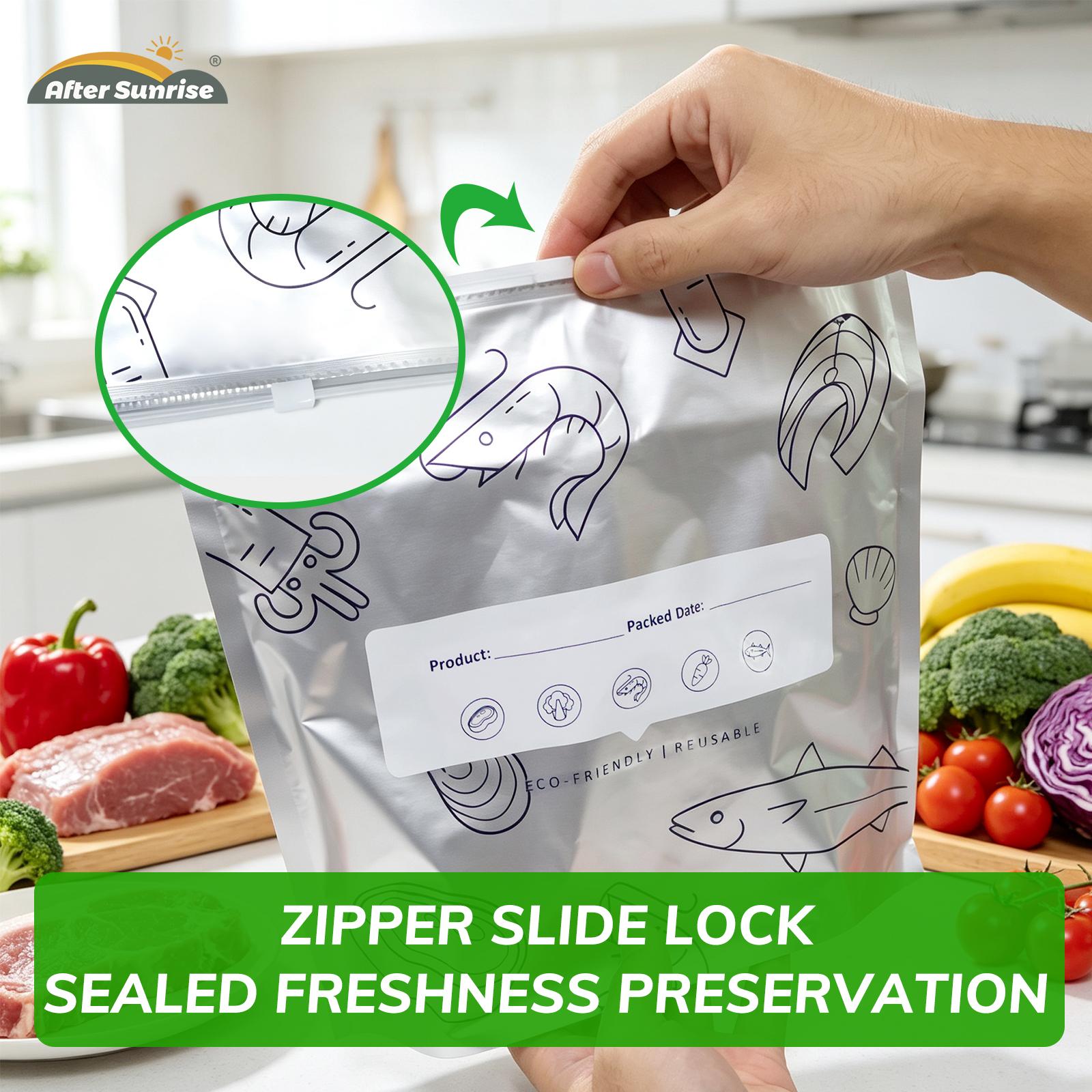 【Refrigerated Food】Reusable Aluminum Foil Sealable Storage Bags, Aftersunrise 2026 New Resealable Vacuum Zipper Pouches for Food, Stand Up Foil Sealable Bags with Label and Zip Lock for Vegetable Fruit Meat