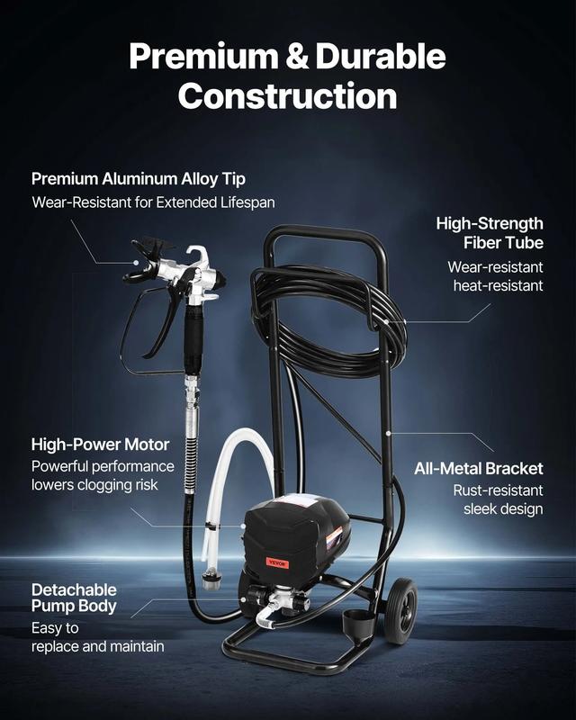 VEVOR Stand Airless Paint Sprayer, High Pressure Airless Sprayer with Cart, Cleaning Brush, Hose, Extension Rod, Nozzles, Electric Spray Paint Machine for House Exterior and Interior