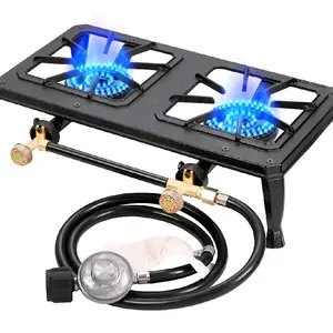 Vivicreate double burner cast iron flame camping stove, include CSA listed regulator and gas hose (HT-C-0012) Outdoor Cooking Supplies