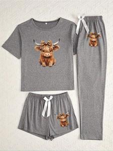 cartoon highland cow print women's pajama sets, casual all seasons nightwear, fitted knitted fabric sleepwear