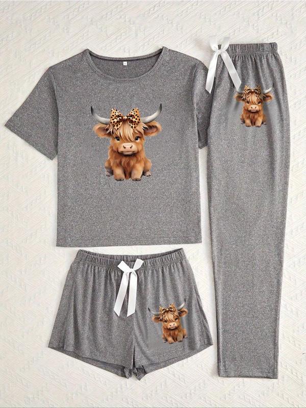 Cartoon Highland Cow Print Women's Pajama Sets, Casual All Seasons Nightwear, Fitted Knitted Fabric Sleepwear