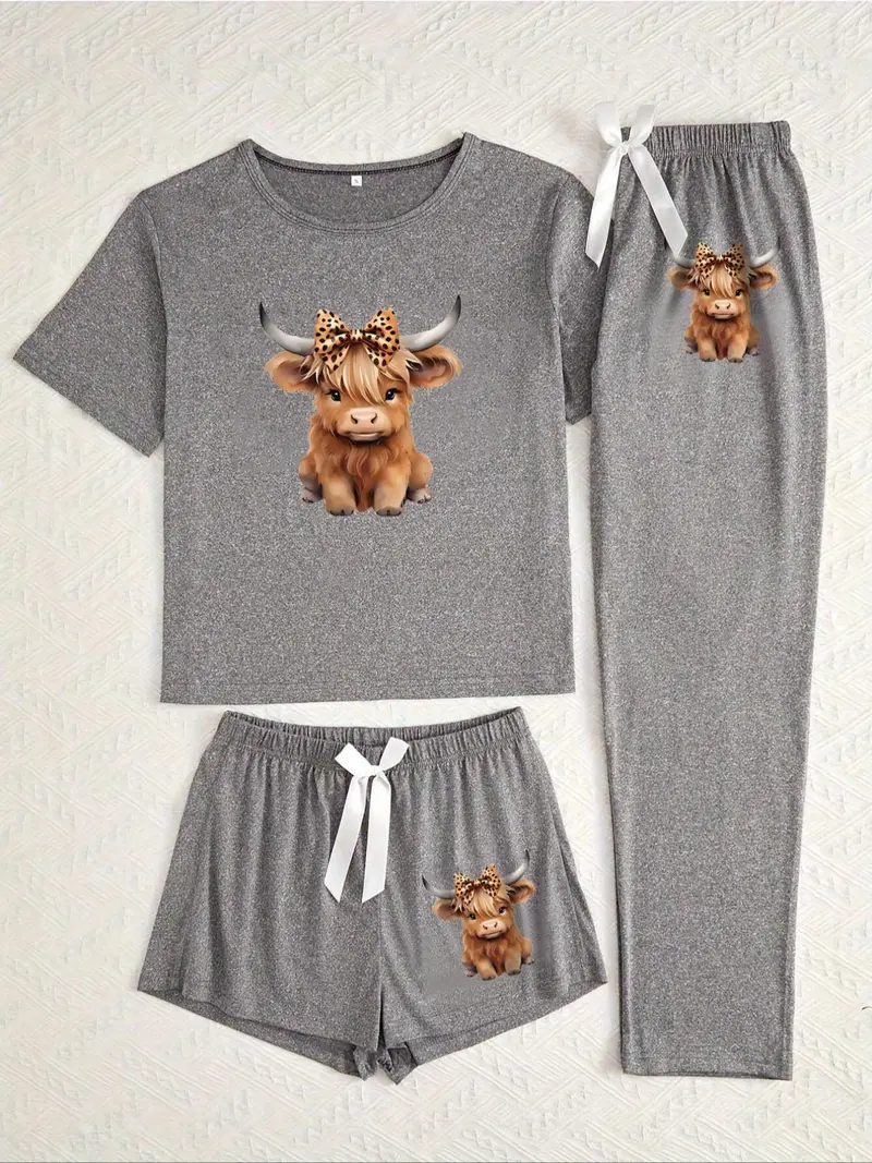 Cartoon Highland Cow Print Women's Pajama Sets, Casual All Seasons Nightwear, Fitted Knitted Fabric Sleepwear
