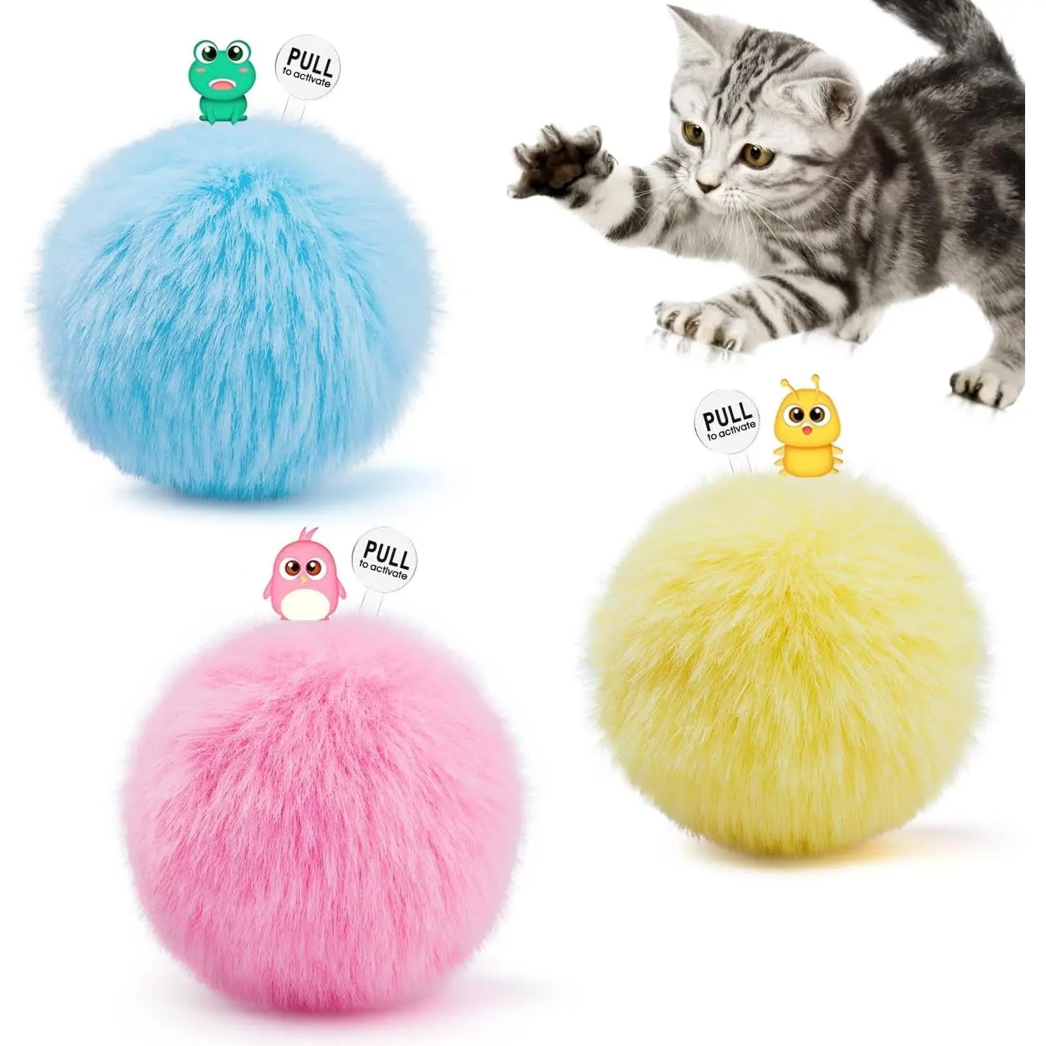 4PCS Chirping Cat Toys Balls Silver Vine Cat nip,  Fluffy Interactive Cat Kicker（2 Blue& 2 Yellow）