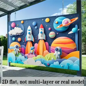 1PC,2D Flat Cartoon Space Theme Party Backdrop, Astronaut Rocket Planet Decor Cloth, Children's Birthday Party Decoration Photo Background, Cartoon Space Scene Banner, Outdoor Indoor Event Backdrop