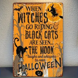 Vintage Halloween Tin Sign Featuring Black Cat and Witches Hunting Scene with Smiling Moon for Artistic Wall Decor in Garage Bar Cafe Home and Lobby