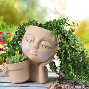 Face Planter Pots Head Planters for Indoor Outdoor Plants Double Plant Pots for Flower Succulent with Drainage Holes Ideal Present Ideas Black Lady 3.6-inch Opening Diameter Resin Material