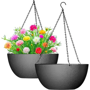 13 inch 2Pack Large Hanging Planters for Outdoor Indoor  with Drainage Holes and Chain, Round Hanging Flower Pots for Garden Home Porch Decor, Black