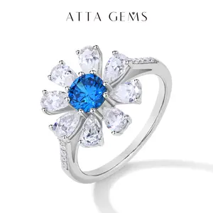 Lab Blue Zircon Pear Cut Synthetic Moissanite Ring  for Women Flower Jewelry Birthday Party Gift R201