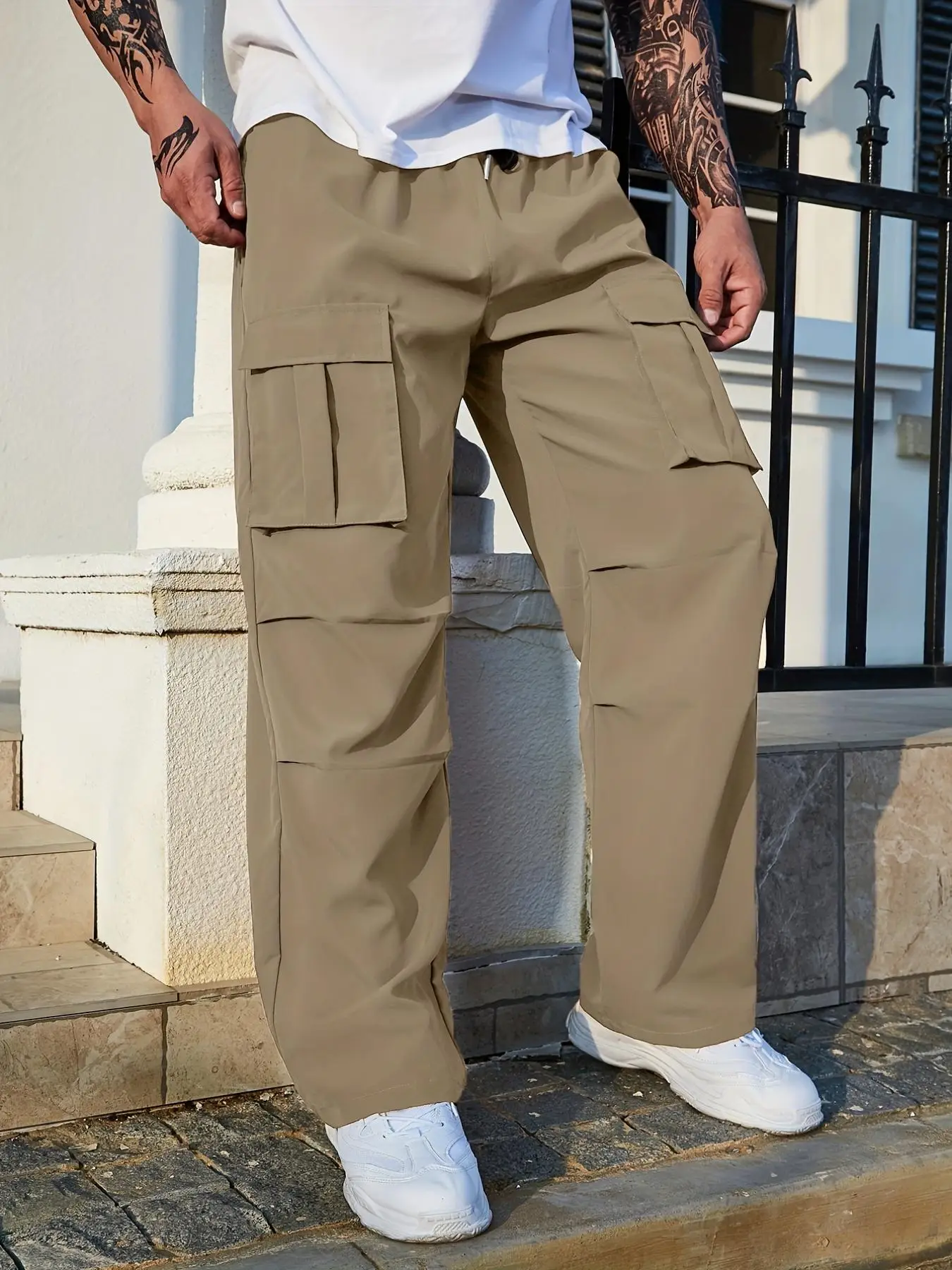 Men's Elastic Waist Cargo Pants, Men's Summer Clothes, Regular Fit Plain Drawstring Waist Straight Leg Pants